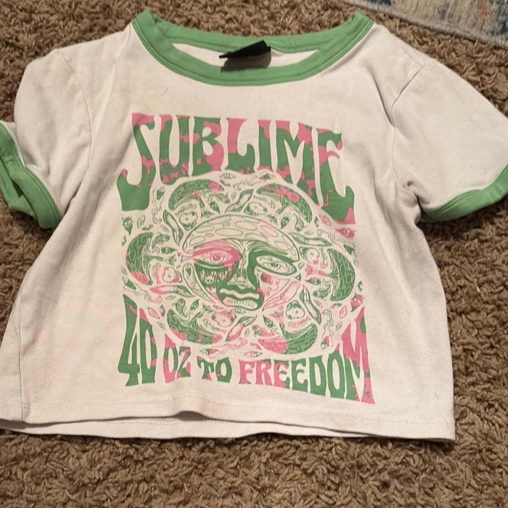Cotton On White and Green Short Sleeve Band Tee